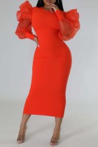 Tangerine Red Модные повседневные однотонные лоскутные платья с круглым вырезом и длинными рукавами