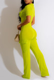 Fluorescent Green Casual Solid Patchwork Zipper Collar Skinny Jumpsuits