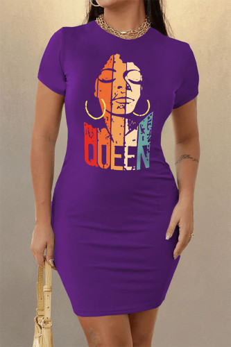Purple Casual Street Print Patchwork O Neck Pencil Skirt Dresses