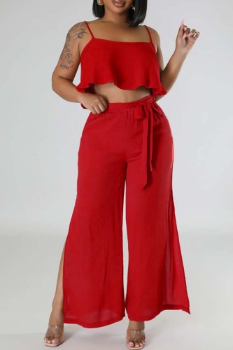 Red Sexy Casual Solid Backless Spaghetti Strap Sleeveless Two Pieces