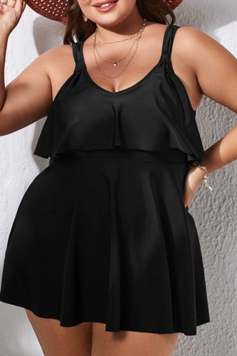 Black Sexy Solid Backless V Neck Plus Size Swimwear (With Paddings)