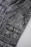 Jeans jeans cinza casual sólido patchwork cintura alta regular