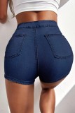 Pantalones cortos de mezclilla flacos de cintura alta de patchwork sólido informal azul profundo