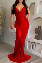 Красное сексуальное однотонное длинное платье в стиле пэчворк с лямкой на шее