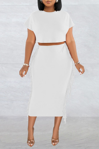 White Casual Solid Tassel Patchwork O Neck Short Sleeve Two Pieces