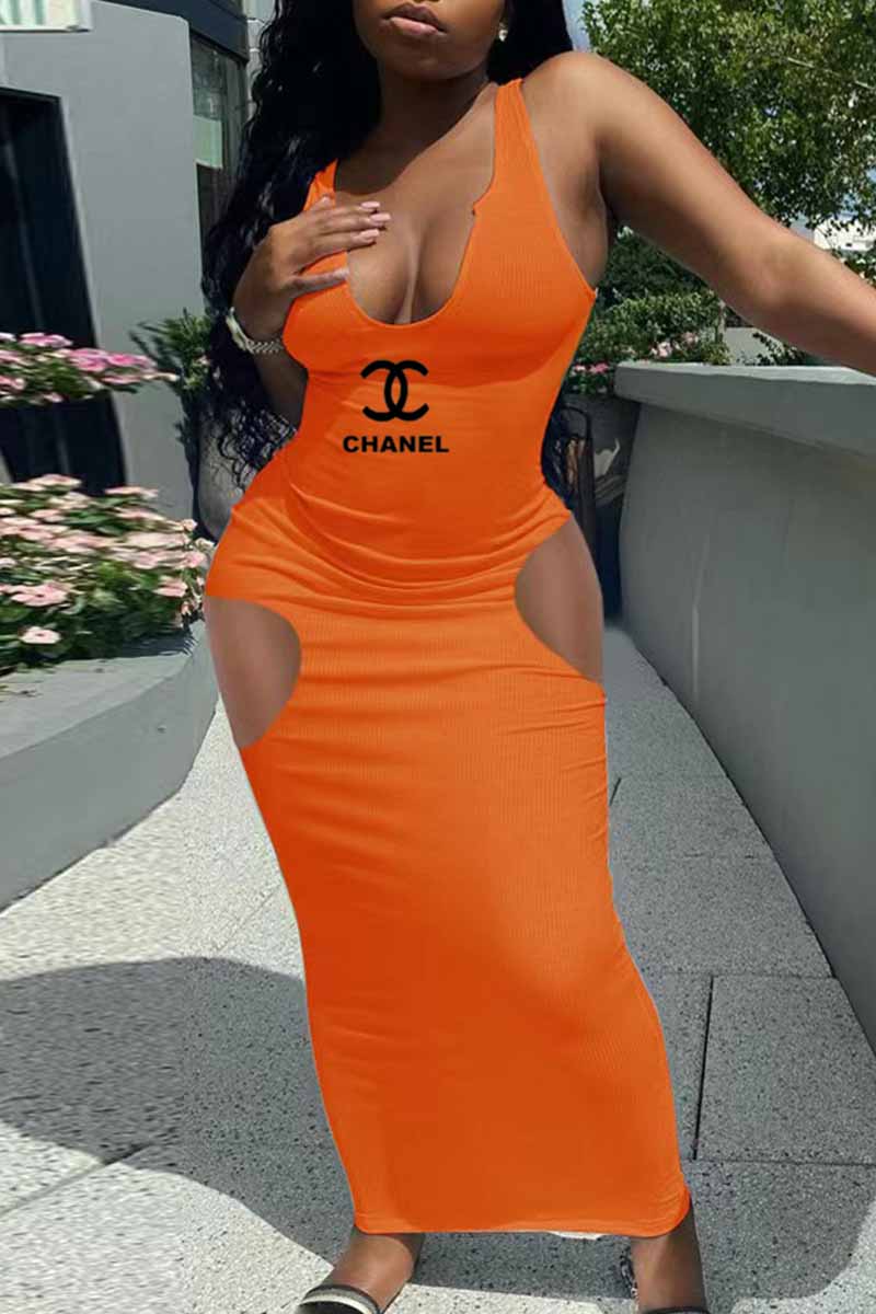 

Orange Red Sexy Print Letter V Neck One Step Skirt Dresses