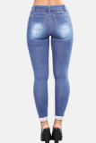Deep Blue Casual Solid Ripped Mid Waist Skinny Denim Jeans