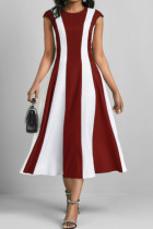 Dieprode casual gestreepte print patchwork O-hals A-lijn jurken