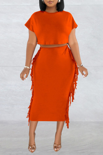 Orange Casual Solid Tassel Patchwork O Neck Short Sleeve Two Pieces