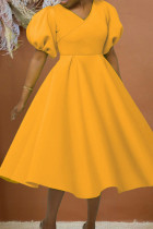 Vestidos de noite amarelo elegante casual patchwork sólido com decote em V
