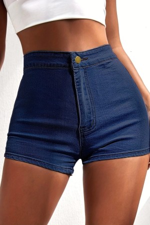 Deep Blue Casual Solid Patchwork High Waist Skinny Denim Shorts