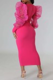 Vestidos de manga larga con cuello en O de patchwork sólido casual de moda rosa