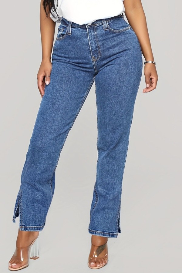 Jeans jeans regular azul escuro casual com fenda sólida cintura alta