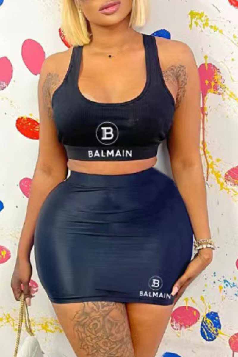 

Black Sexy Print Letter U Neck Sleeveless Two Pieces