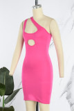 Розово-красное сексуальное однотонное платье без рукавов с открытой спиной и косым воротником