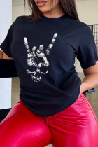 Camisetas con cuello en O de patchwork de calavera con estampado de calle casual negro