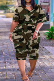 Camouflage Casual Street Print Patchwork V Neck Plus Size Jumpsuits