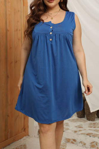Light Blue Casual Solid Patchwork Buttons U Neck Straight Plus Size Dresses
