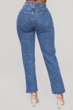 Deep Blue Casual Solid Slit High Waist Regular Denim Jeans