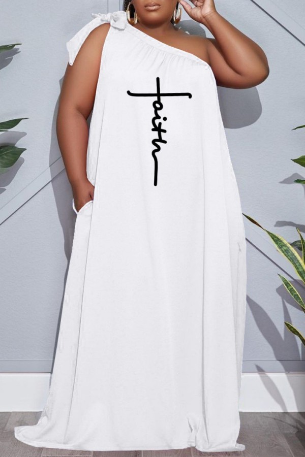 Robe blanche décontractée imprimée tie-dye dos nu col oblique sans manches robes grande taille