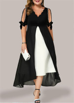 Zwarte casual effen patchwork V-hals A-lijn jurken