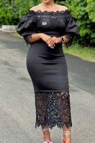 Черные элегантные однотонные платья в стиле пэчворк с открытыми плечами и юбкой на один шаг (без броши)