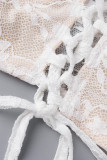 Bianco sexy solido patchwork fasciatura trasparente al largo della spalla manica corta due pezzi