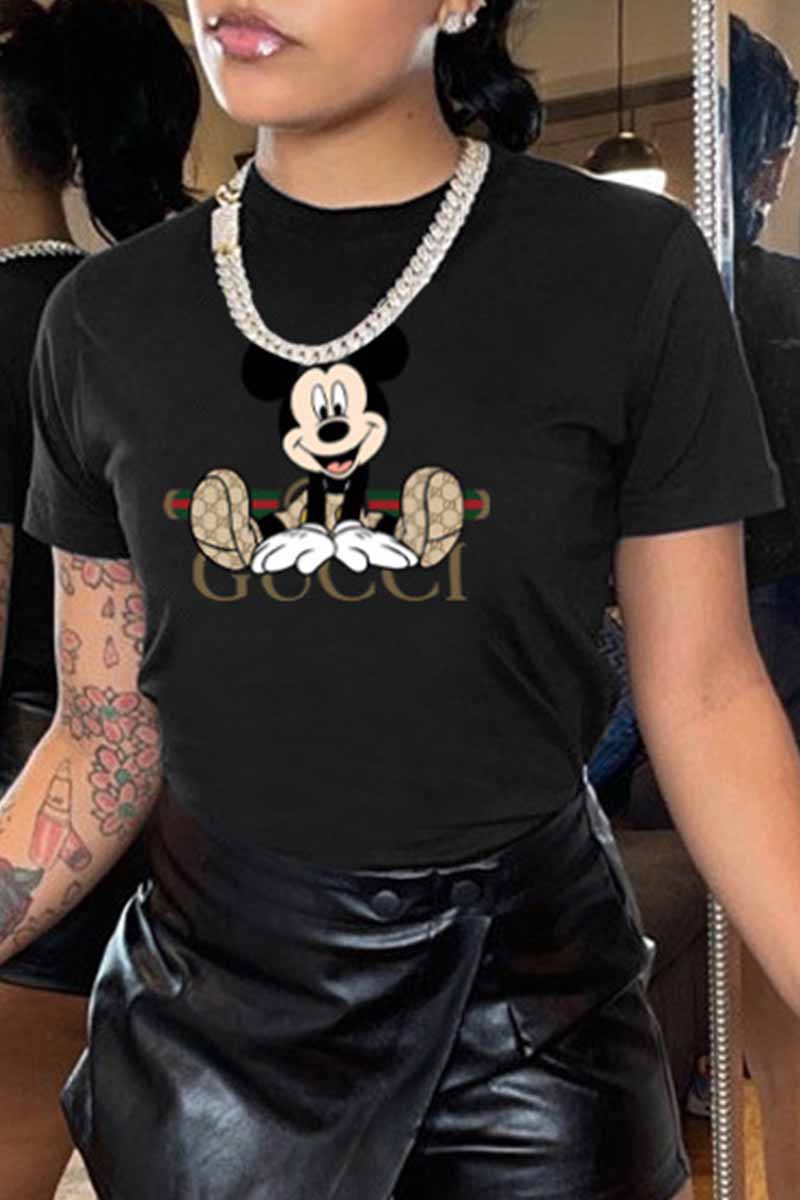 

Black Casual Character Print Letter O Neck T-Shirts
