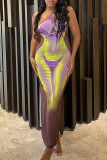 Paarse sexy print patchwork asymmetrische kraag een stap rok jurken