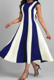 Vestidos casuais com estampa listrada azul royal patchwork decote oco e linha A