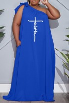 Blue Casual Print Tie-dye Backless Oblique Collar Sleeveless Dress Plus Size Dresses