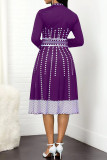 Фиолетовые повседневные платья в горошек с принтом и круглым вырезом в стиле пэчворк