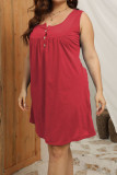 Burgundy Casual Solid Patchwork Buttons U Neck Straight Plus Size Dresses