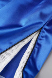 Blauwe casual sportkleding effen patchwork gleuf hoge taille rechte effen kleur bodems