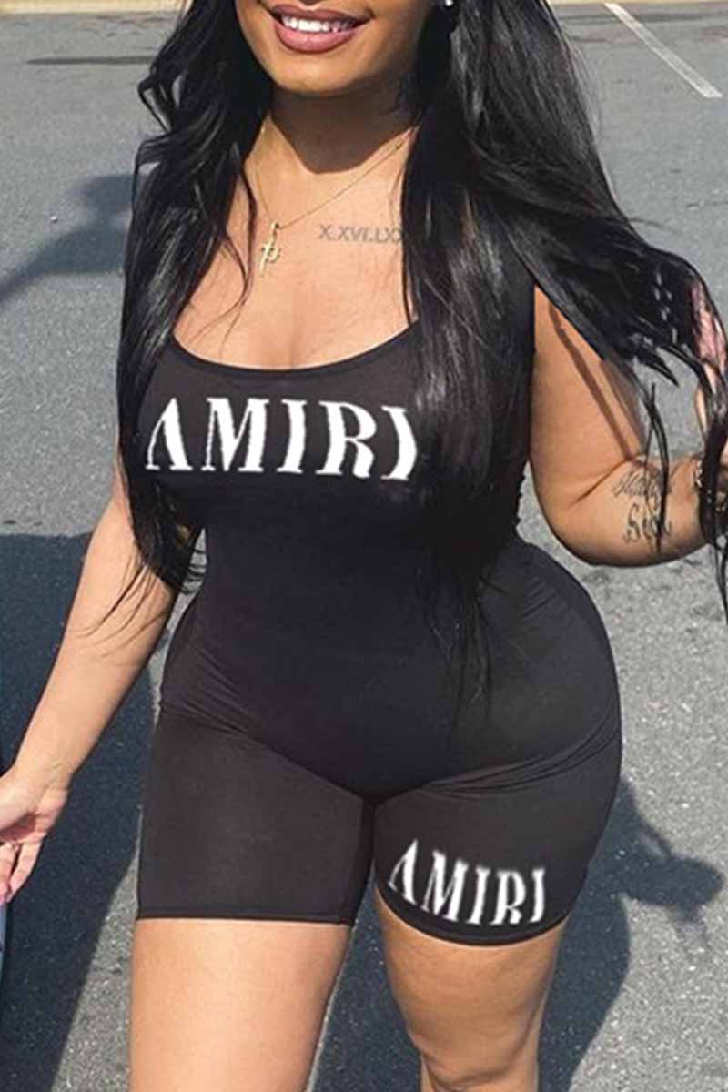 

Black Sexy Street Print Letter U Neck Jumpsuits