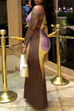 Vestidos de falda de un paso con cuello asimétrico de patchwork con estampado sexy púrpura