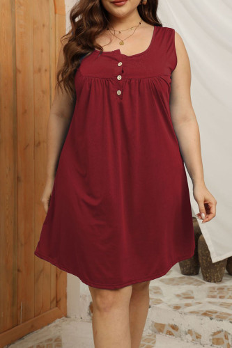 Burgundy Casual Solid Patchwork Buttons U Neck Straight Plus Size Dresses