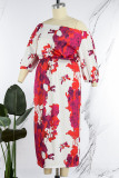 Red Casual Print Patchwork Off the Shoulder Long Dress Plus Size Dresses