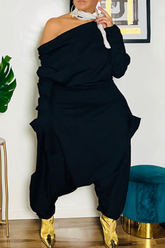 Black Casual Solid Patchwork Oblique Collar Plus Size Jumpsuits