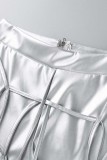 Parte inferior de color sólido convencional de cintura alta ajustada de patchwork sólido informal plateado