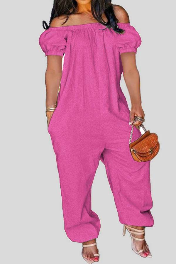 ピンクのカジュアルなソリッドパッチワークオフショルダールーズジャンプスーツ