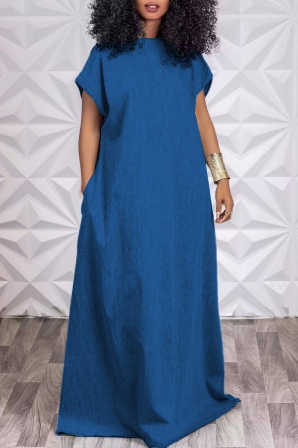Vestido de mezclilla de manga corta con cuello en O básico sólido informal azul marino