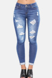 Deep Blue Casual Solid Mid Waist Skinny Ripped Denim Jeans