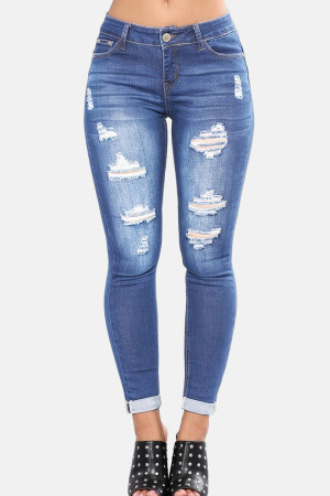 Light Blue Casual Solid Mid Waist Skinny Ripped Denim Jeans
