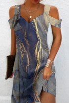 Marineblauwe casual print patchwork vierkante kraag rechte jurken