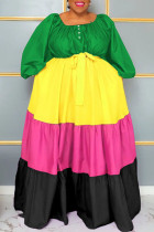 グリーン カジュアル ソリッド パッチワーク スクエア カラー A ライン プラス サイズ ドレス