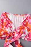 Pink Sexy Casual Floral Print Backless Strapless Sleeveless Two Pieces Crop Tops Ruffle Hem Skirts Sets