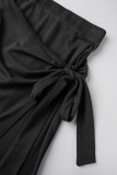 Bandagem preta casual sólida com fenda no pescoço manga curta duas peças