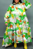 Fluoreszierendes Grün Casual Print Patchwork Buckle Fold Umlegekragen Langes Kleid Plus Size Kleider
