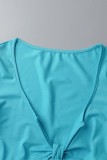 Blue Sexy Solid Frenulum V Neck Short Sleeve Two Pieces